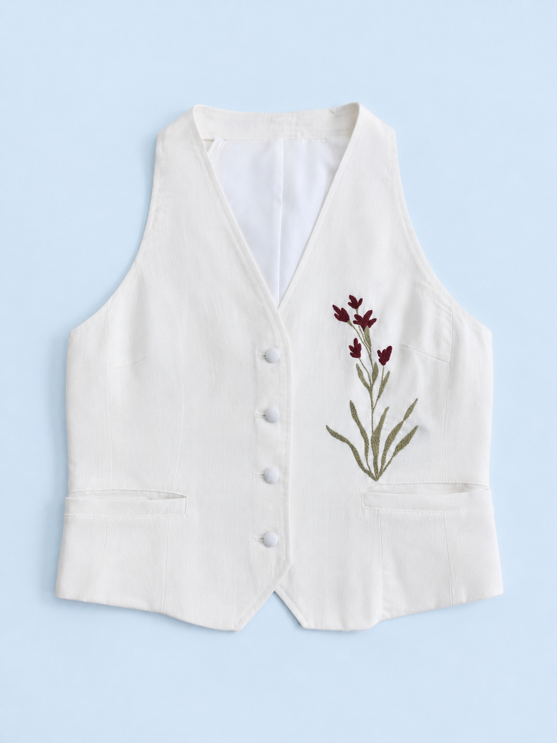 Flor de Vinho Linen-Blend Cropped Vest — Hand-Embroidered