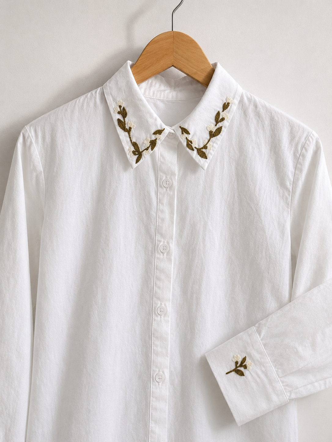 Olive Bloom Cotton Shirt — Hand-Embroidered