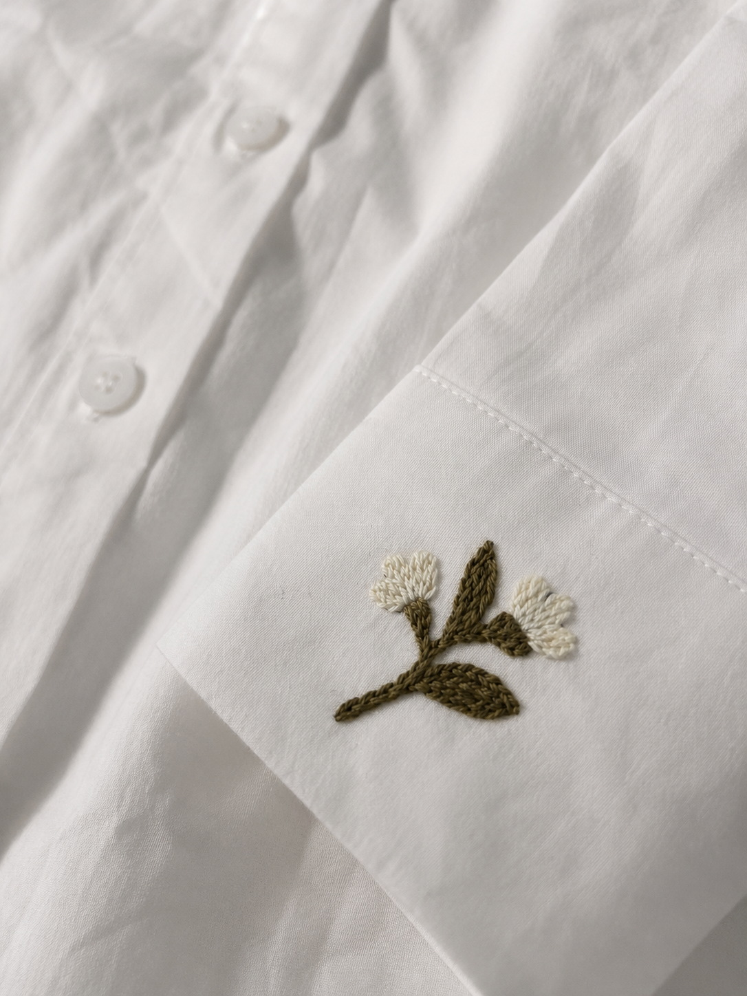 Olive Bloom Cotton Shirt — Hand-Embroidered