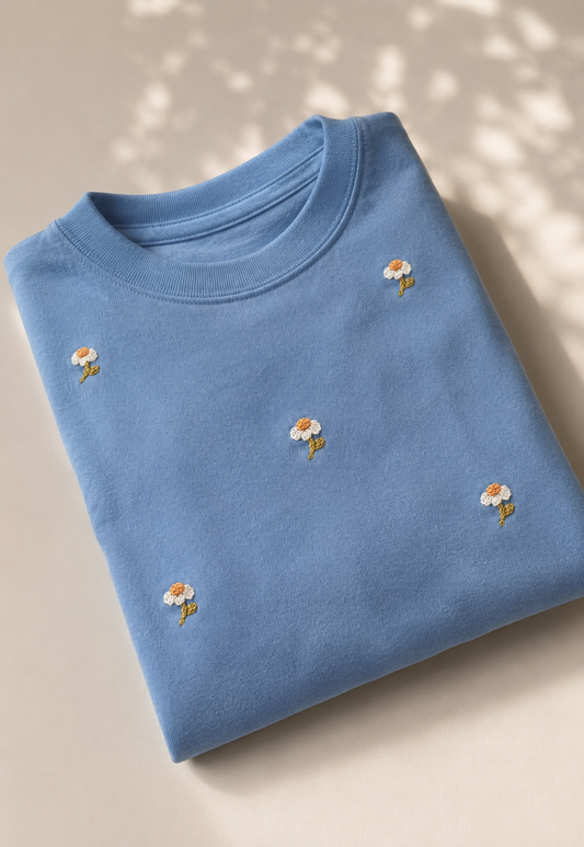 Daisy Sky Cotton T-Shirt — Hand-Embroidered
