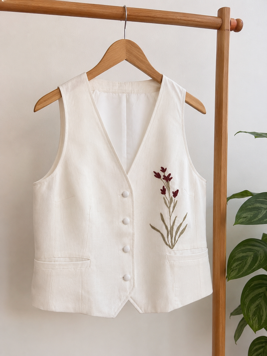 Flor de Vinho Linen-Blend Cropped Vest — Hand-Embroidered