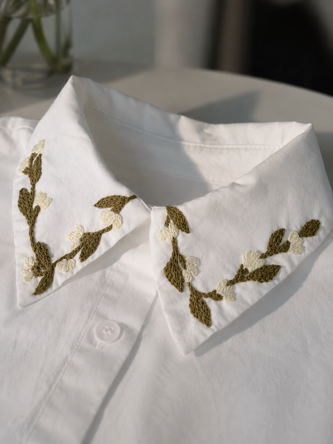 Olive Bloom Cotton Shirt — Hand-Embroidered