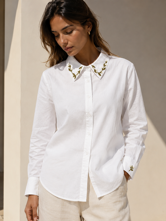Olive Bloom Cotton Shirt — Hand-Embroidered