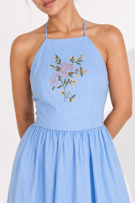 Celeste Bloom Cotton Maxi Dress — Hand-Embroidered
