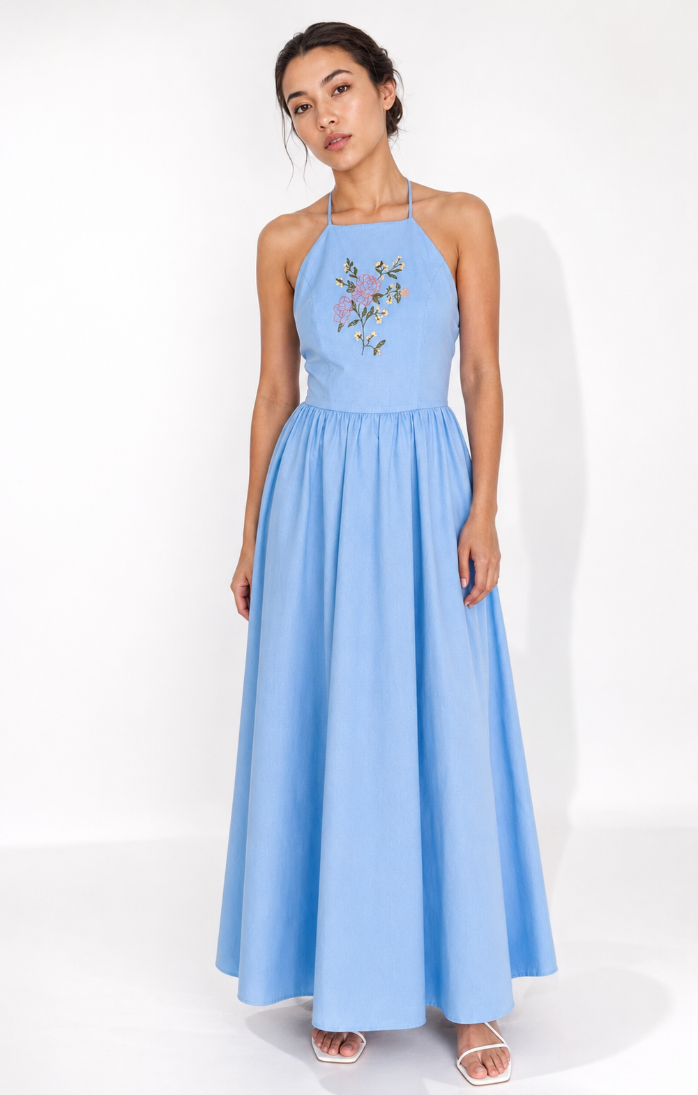 Celeste Bloom Cotton Maxi Dress — Hand-Embroidered