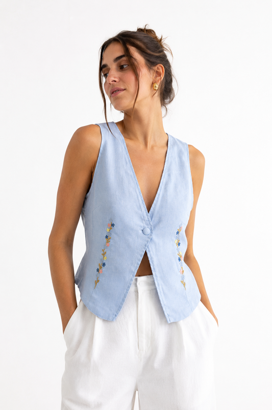 Celeste Hand-Embroidered Linen Top