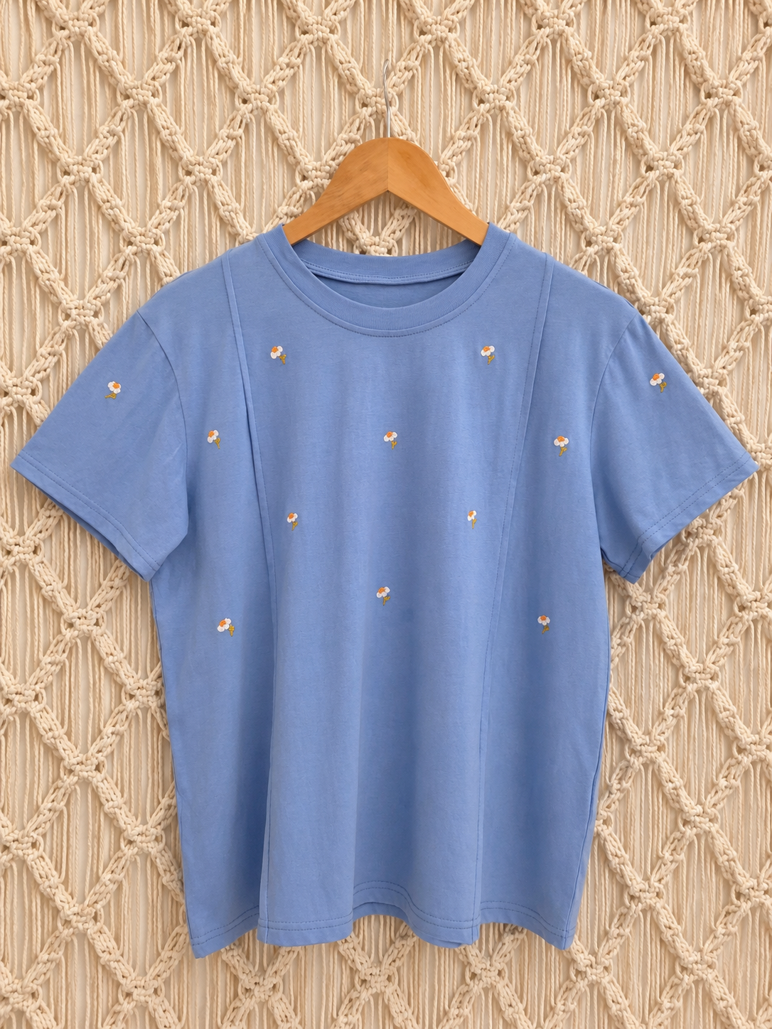Daisy Sky Cotton T-Shirt — Hand-Embroidered