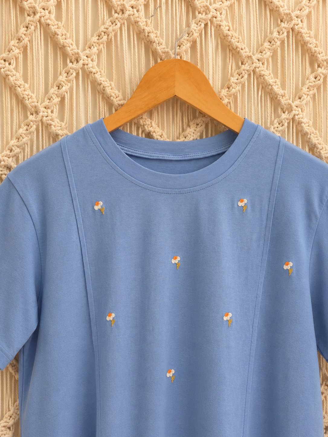 Daisy Sky Cotton T-Shirt — Hand-Embroidered